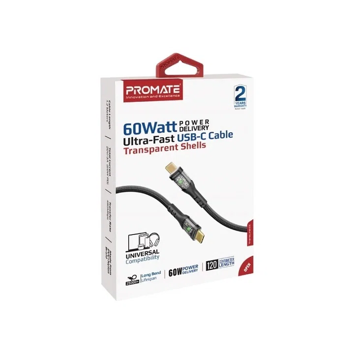 کابل USB-C به USB-C شارژ سریع پرومیت مدل TRANSLINE-CC.BLACK
