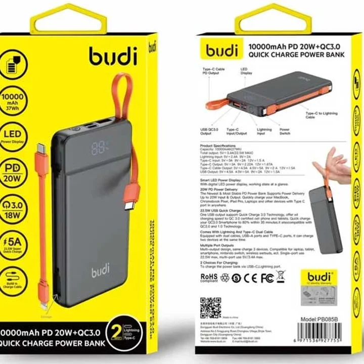 پاوربانک بودی 10000 میلی آمپر 22.5 وات مدل Budi PB085B